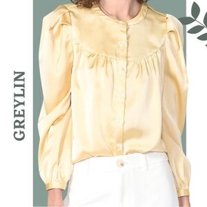 Greylin Tessa Matte Sateen Yoke Long Sleeve Blouse Yellow Butter Size XS